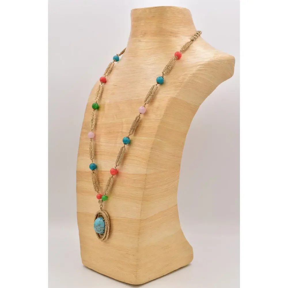 Vintage Cabochon Pendant Necklace Beaded Multi-Color Brushed Gold 1970s BinBM